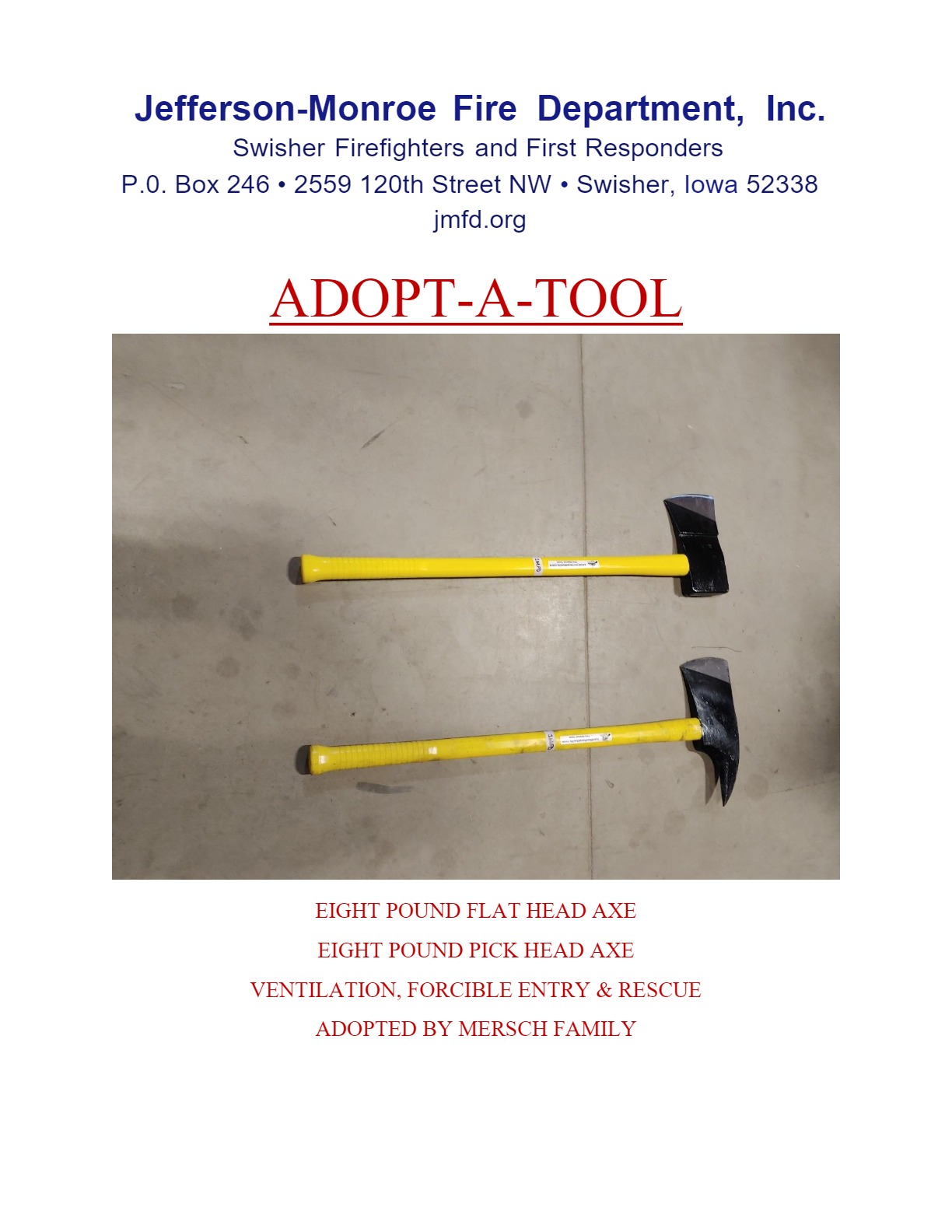 Flat Head & Pick Head Axes Mersch Jefferson Monroe Fire Department Swisher